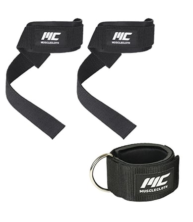 MuscleCloth Padded Lifting Straps + Padded Ankle Cuff Seti Siyah