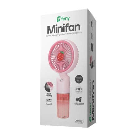FENY FN-F50, PEMBE, 3 Kademeli Hız, Buharlı Ferahlık, Elde Kullanım, Dahili 800mAh Bataryalı, Type-C Şarj Girişli, Vantilatör