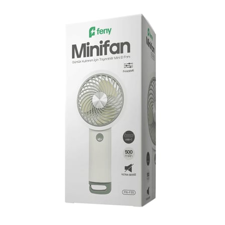 FENY FN-F35, BEYAZ-GRİ, 3 Kademeli Hız, Kancalı, Elde Kullanım, Dahili 500mAh Bataryalı, Type-C Şarj Girişli, Vantilatör