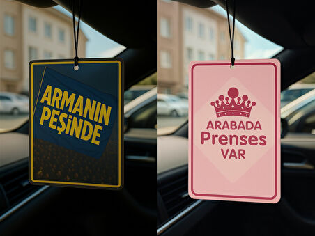 Sarı Lacivert Armanın Peşinde ve Arabada Prenses Var - İkili Oto Kokusu - Dekoratif Araç Kokusu ve Aksesuarı