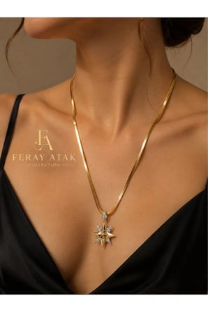 Feray Atak Collection Vıp 14K Gold Zirkon Taşlı Yıldızlı Italyan Zincir Kolye