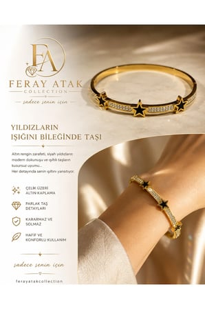 Zirkon Taşlı Yıldız Detaylı Gold Çelik Kelepçe Bileklik