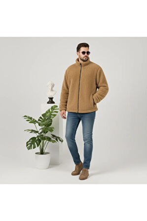 Camel Peluş Wellsoft Dik Yaka Cepleri Fermuarlı Oversize Kesim Peluş Ceket