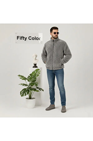 Gri, Peluş, Wellsoft Dik Yaka, Cepleri Fermuarlı, Oversize Kesim, Peluş Ceket