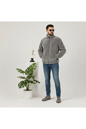 Gri, Peluş, Wellsoft Dik Yaka, Cepleri Fermuarlı, Oversize Kesim, Peluş Ceket