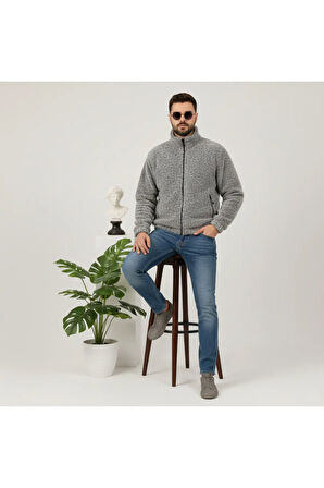 Gri, Peluş, Wellsoft Dik Yaka, Cepleri Fermuarlı, Oversize Kesim, Peluş Ceket