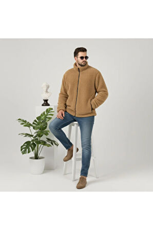 Camel Peluş Wellsoft Dik Yaka Cepleri Fermuarlı Oversize Kesim Peluş Ceket