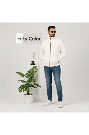 Ekru Beyaz Peluş Wellsoft Dik Yaka Cepleri Fermuarlı Oversize Kesim Peluş Ceket
