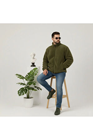 Haki, Peluş, Wellsoft Dik Yaka, Cepleri Fermuarlı, Oversize Kesim, Peluş Ceket