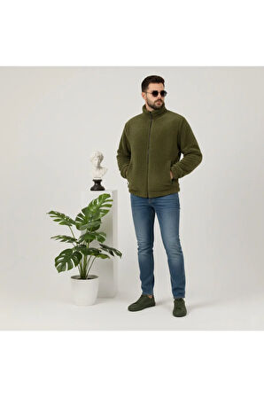 Haki, Peluş, Wellsoft Dik Yaka, Cepleri Fermuarlı, Oversize Kesim, Peluş Ceket