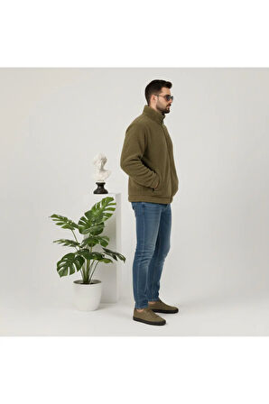 Haki, Peluş, Wellsoft Dik Yaka, Cepleri Fermuarlı, Oversize Kesim, Peluş Ceket