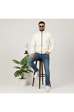 Ekru Beyaz Peluş Wellsoft Dik Yaka Cepleri Fermuarlı Oversize Kesim Peluş Ceket