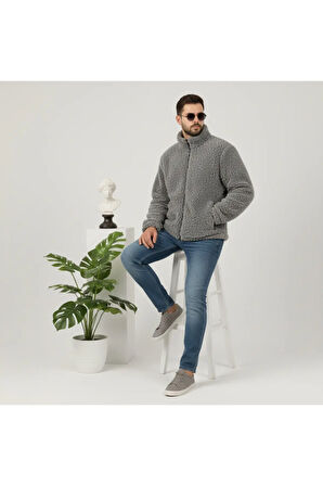 Kül Rengi, Peluş, Wellsoft Dik Yaka, Cepleri Fermuarlı, Oversize Kesim, Peluş Ceket