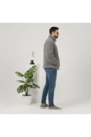 Kül Rengi, Peluş, Wellsoft Dik Yaka, Cepleri Fermuarlı, Oversize Kesim, Peluş Ceket