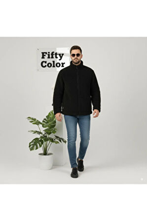 Siyah, Peluş, Wellsoft Dik Yaka, Cepleri Fermuarlı, Oversize Kesim, Peluş Ceket