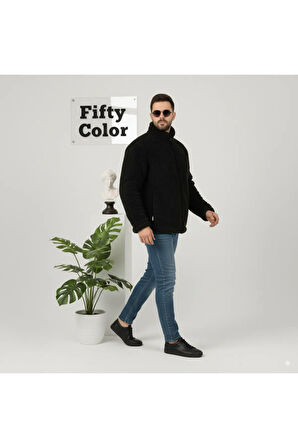 Siyah, Peluş, Wellsoft Dik Yaka, Cepleri Fermuarlı, Oversize Kesim, Peluş Ceket