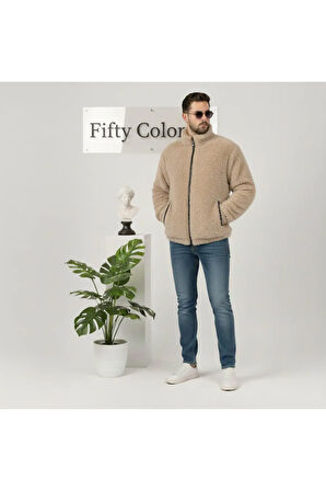 Sütlü Kahve, Peluş, Wellsoft Dik Yaka, Cepleri Fermuarlı, Oversize Kesim, Peluş Ceket