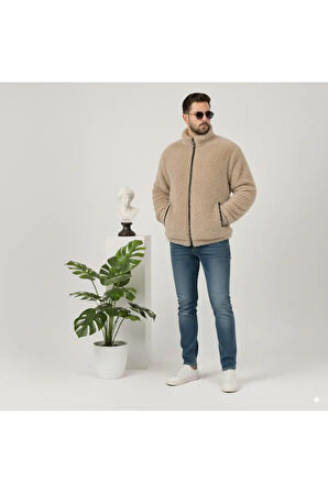 Sütlü Kahve, Peluş, Wellsoft Dik Yaka, Cepleri Fermuarlı, Oversize Kesim, Peluş Ceket