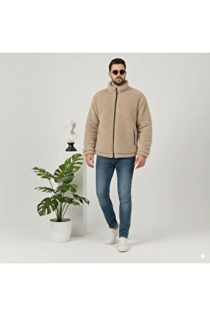 Sütlü Kahve, Peluş, Wellsoft Dik Yaka, Cepleri Fermuarlı, Oversize Kesim, Peluş Ceket