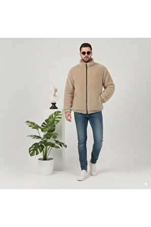 Sütlü Kahve, Peluş, Wellsoft Dik Yaka, Cepleri Fermuarlı, Oversize Kesim, Peluş Ceket