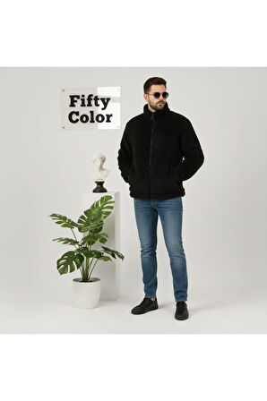 Siyah, Peluş, Wellsoft Dik Yaka, Cepleri Fermuarlı, Oversize Kesim, Peluş Ceket