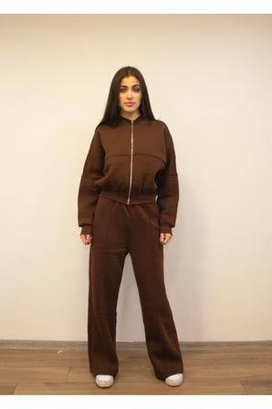 Kadın Kahverengi Kışlık 3 İplik Şardonlu Bomber Çımalı Eşofman Takımı New-003