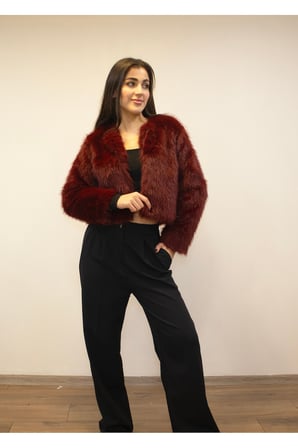 Kadın Bordo Suni Kısa Kürk Mont New-005