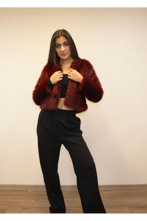 Kadın Bordo Suni Kısa Kürk Mont New-005