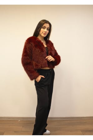 Kadın Bordo Suni Kısa Kürk Mont New-005