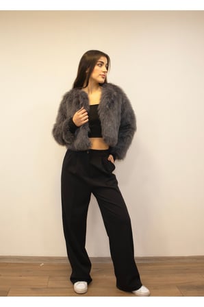 Kadın Gri Suni Kısa Kürk Mont New-005