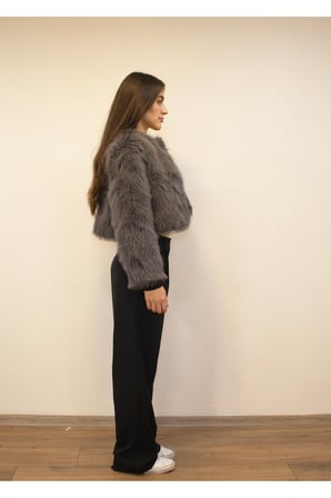 Kadın Gri Suni Kısa Kürk Mont New-005