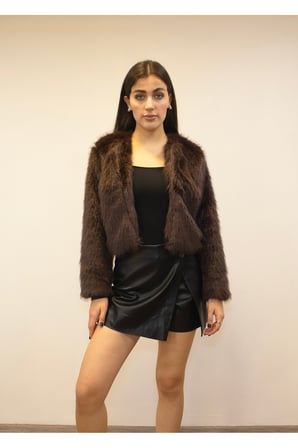 Kadın Kahverengi Suni Kısa Kürk Mont New-005
