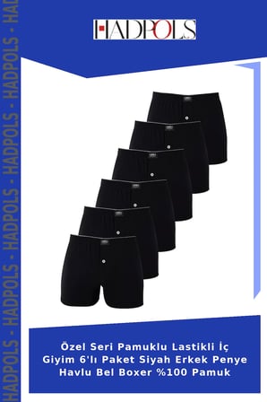 Özel Seri Pamuklu Lastikli İç Giyim 6'lı Paket Siyah Erkek Penye Havlu Bel Boxer %100 Pamuk
