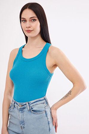  Açık Mavi Likralı Kolsuz Bisiklet Yaka T-shirt Örme Atlet