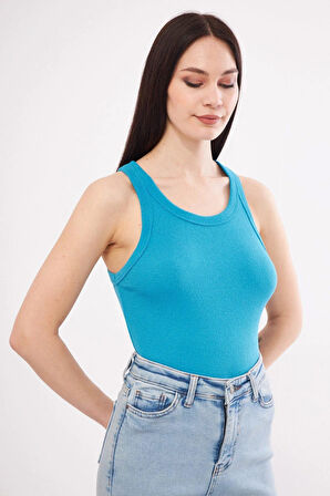  Açık Mavi Likralı Kolsuz Bisiklet Yaka T-shirt Örme Atlet