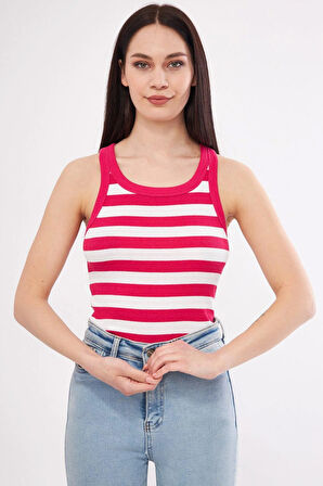 Kırmızı-Beyaz Kadın Fitilli Kaşkorse Halter yaka Atlet