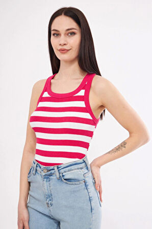 Kırmızı-Beyaz Kadın Fitilli Kaşkorse Halter yaka Atlet