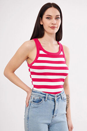 Kırmızı-Beyaz Kadın Fitilli Kaşkorse Halter yaka Atlet