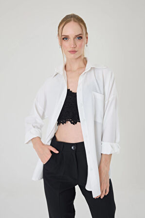Tek Cepli Oversize Keten Gömlek- Beyaz