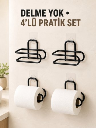 Siyah 4 Adet Metal Tuvalet Kağıdı Tutucu Kendinden Yapışkanlı Delmeden Montaj Banyo Askısı