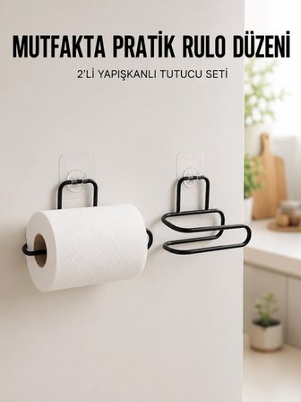 2’li Siyah Metal Rulo Kağıt Tutucu Yapışkanlı Banyo Ve Mutfak Kağıtlık