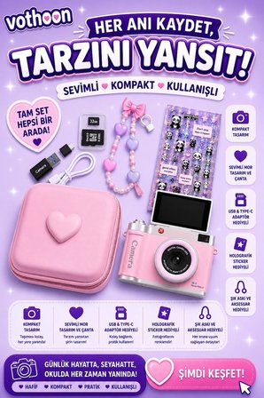 4k Çantalı Dijital Retro Video Kamera 48mp 16x Zoom Işıklı (32gb) Kart Dijital Fotoğraf Makinesi Pembe