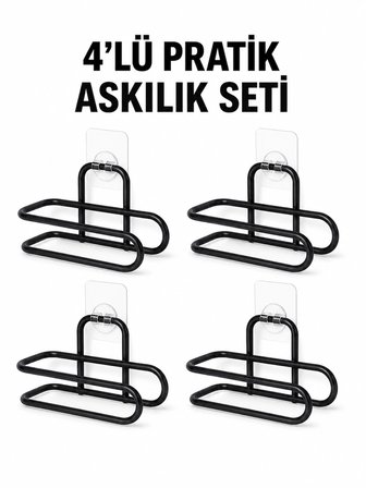 Siyah Metal Wc Kağıtlık Yapışkanlı Duvar Tipi Tuvalet Kağıdı Tutucu Seti 4 Adet