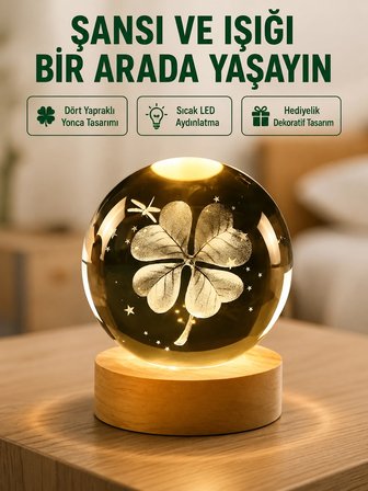 Yonca Figürlü Cam Küre Usb Işıklı Ahşap Tabanlı Dekoratif Masa Lambası