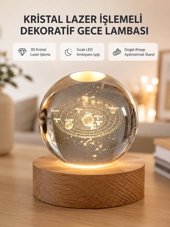 Usb Bağlantılı Işıklı Kristal Küre Modern Ahşap Tabanlı Dekor