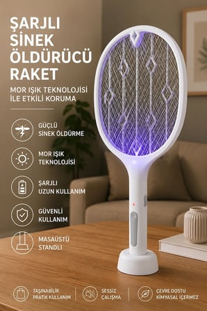 Şarjlı Sinek Öldürücü Sivrisinek Raketi Elektrikli Karasinek Haşere Kovucu Mor Işıklı Sineklik Aleti