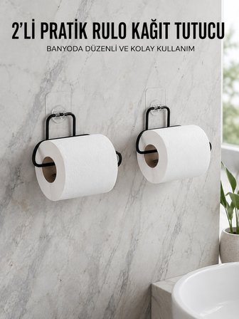 2 Adet Siyah Yapışkanlı Kağıtlık Duvar Tipi Tuvalet Kağıdı Ve Rulo Tutucu