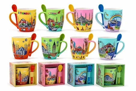 İstanbul Temalı Kaşıklı Porselen Kupa Bardak Alk5831