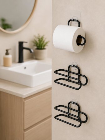 3’lü Yapışkanlı Tuvalet Kağıdı Tutucu Seti Siyah Duvar Tipi Rulo Kağıtlık