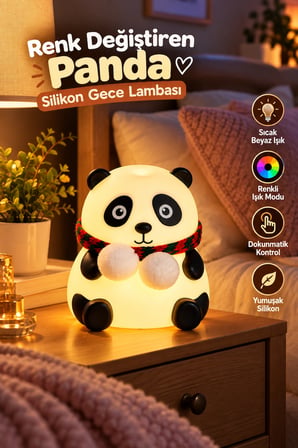 Sevimli Panda Silikon Gece Lambası Renkli Işık Modu Dokunmatik Kontrollü Aydınlatma